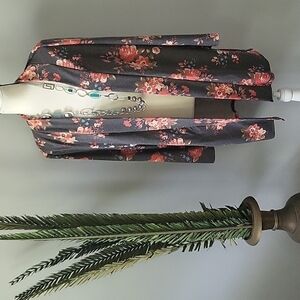 MOA Collection gray cardigan with coral & turquoise floral print-RUNS SMALL